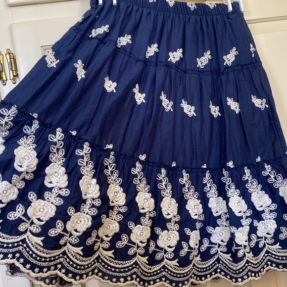 Blue Floral Embroidered Flare Skirt • Boho / Festival / Ruffle Midi - Picture 3 of 9